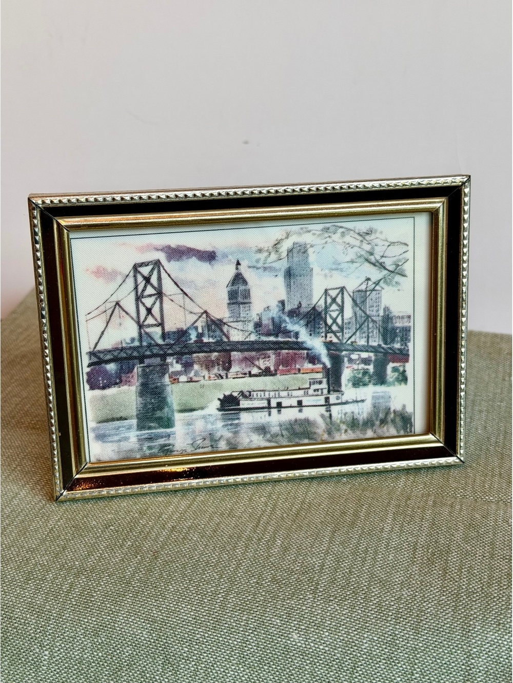 Vintage Intercraft Gold Tone Picture Frame City Bridge Riverboat Art 1970s 1980s